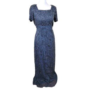 Sean Collection Beaded Long Gown Short Sleeve High Waist Blue Gray Dress Size Sm